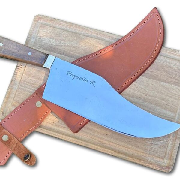 Cuchilla caza grande grabada con vaina de cuero y tabla nativa de 20 x 30