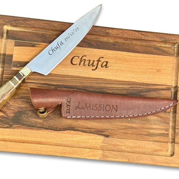 Cuchillo campero con vaina de cuero Grabado + tabla Grabada
