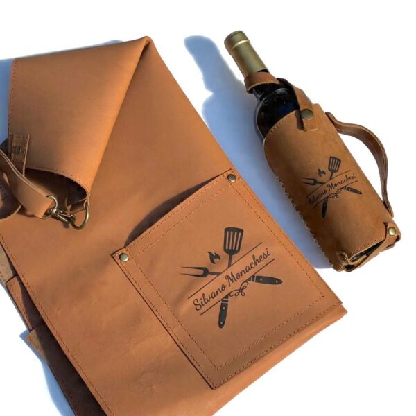PROMO DIA DEL PADRE -Delantal de cuero con logo mas portavino de cuero con logo