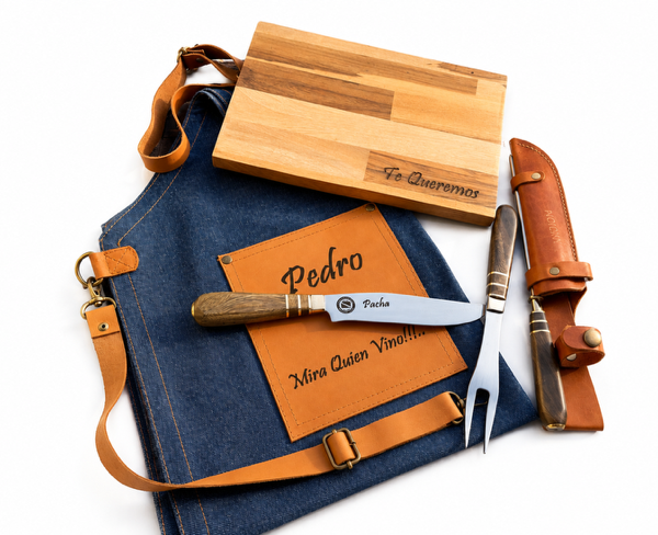 Kit Delantal de jeans +Jgo Francia triple +tabla con 3 grabados