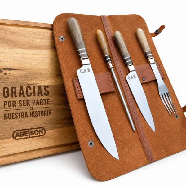 ESTUCHE ASADOR 4 PIEZAS EMBUTIDO GRABADO ABESON